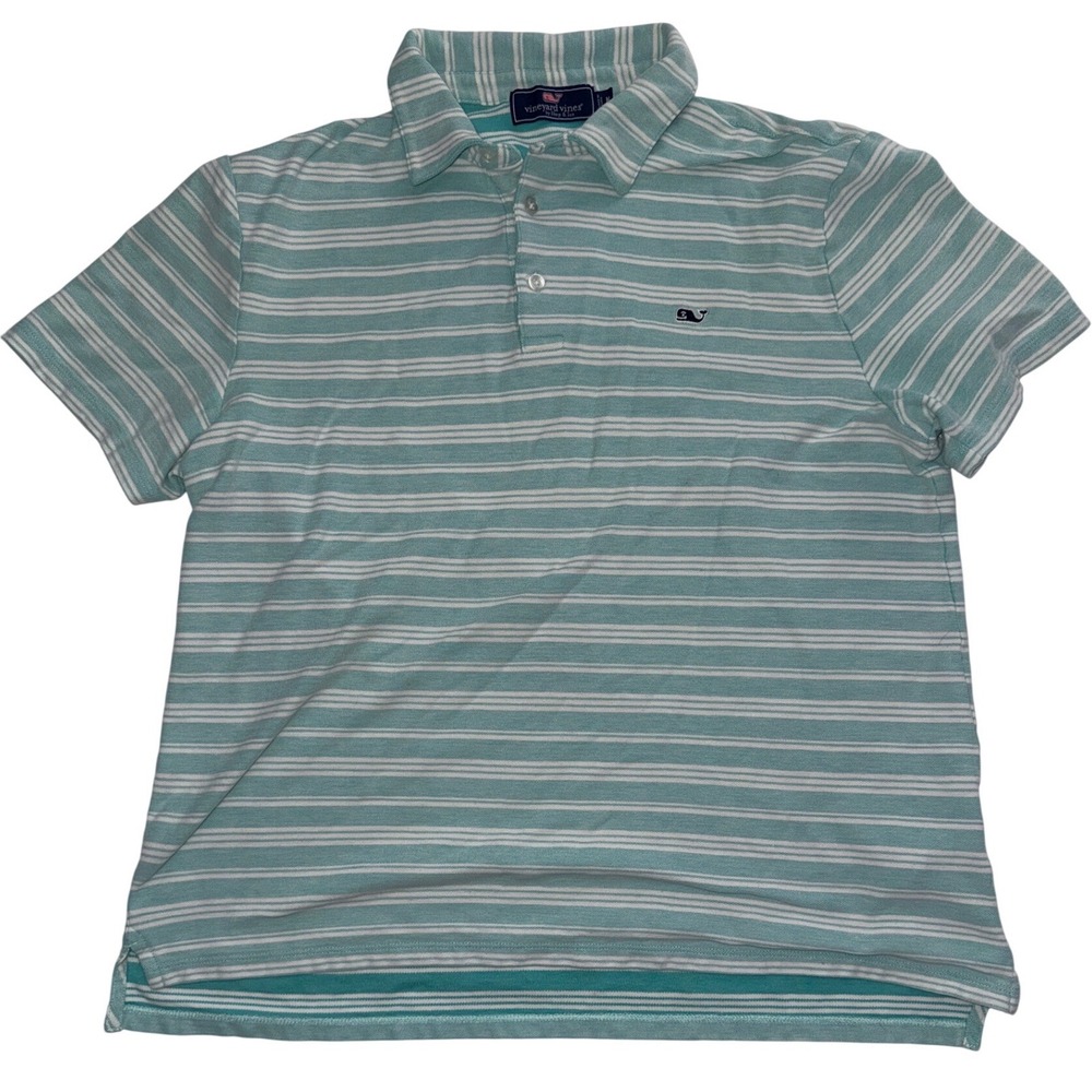 Vineyard Vines Mens Teal White Striped Pique Short Sleeve Polo Shirt Size M